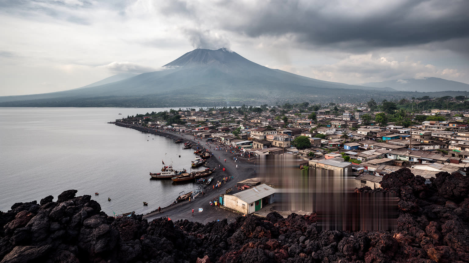 キブ湖、ニーラゴンゴ火山、溶岩の地形、国境の街路、市場、人道支援拠点が重なるゴマの都市景観