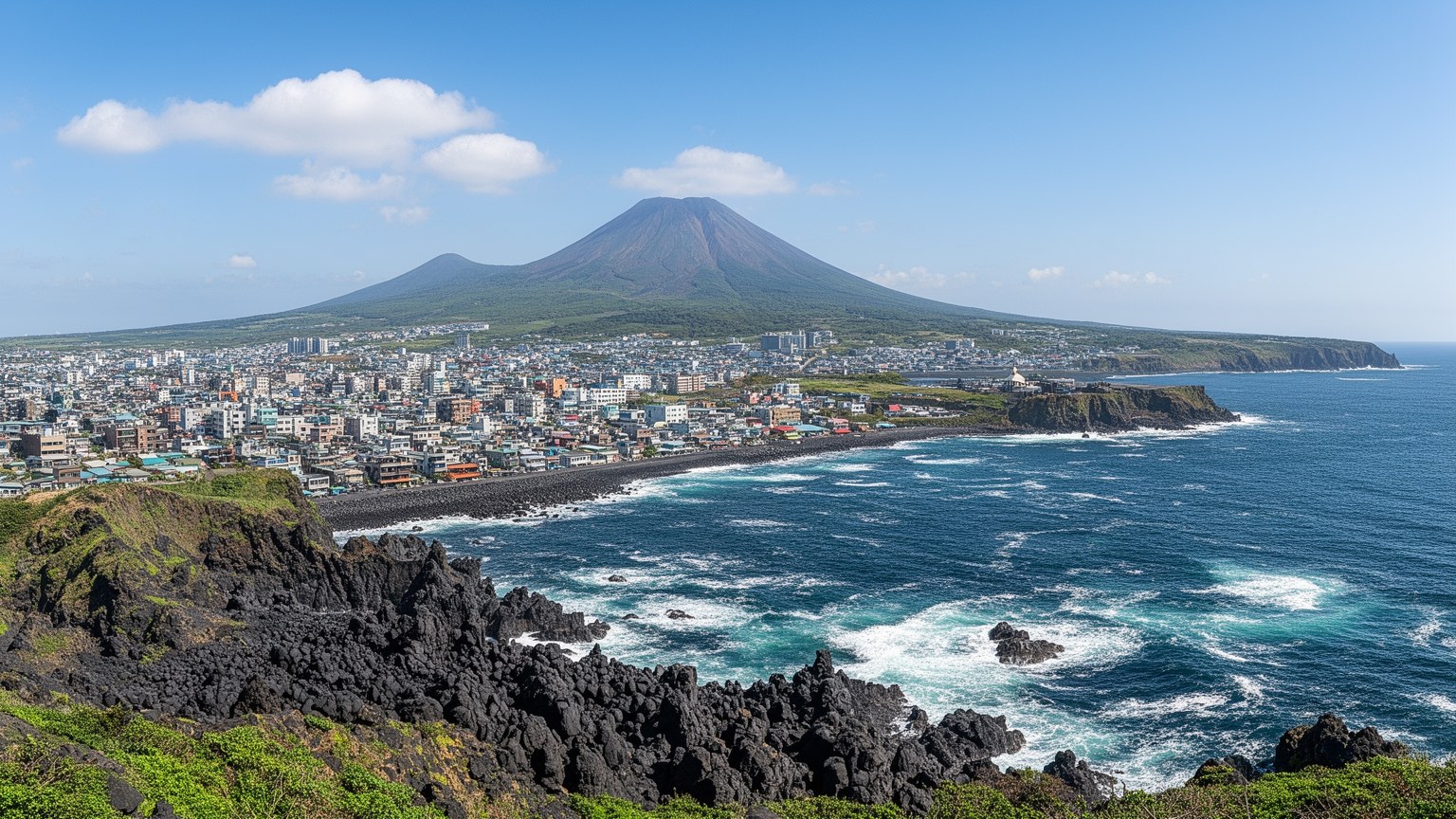 済州島の火山地形、海岸、市街地が重なる都市景観