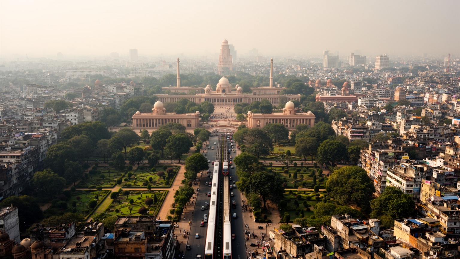 大統領府、官庁街、インド門、並木道が重なるニューデリーの首都景観